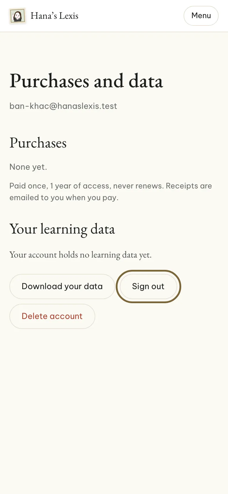 The Purchases and data page, with the Sign out button outlined.