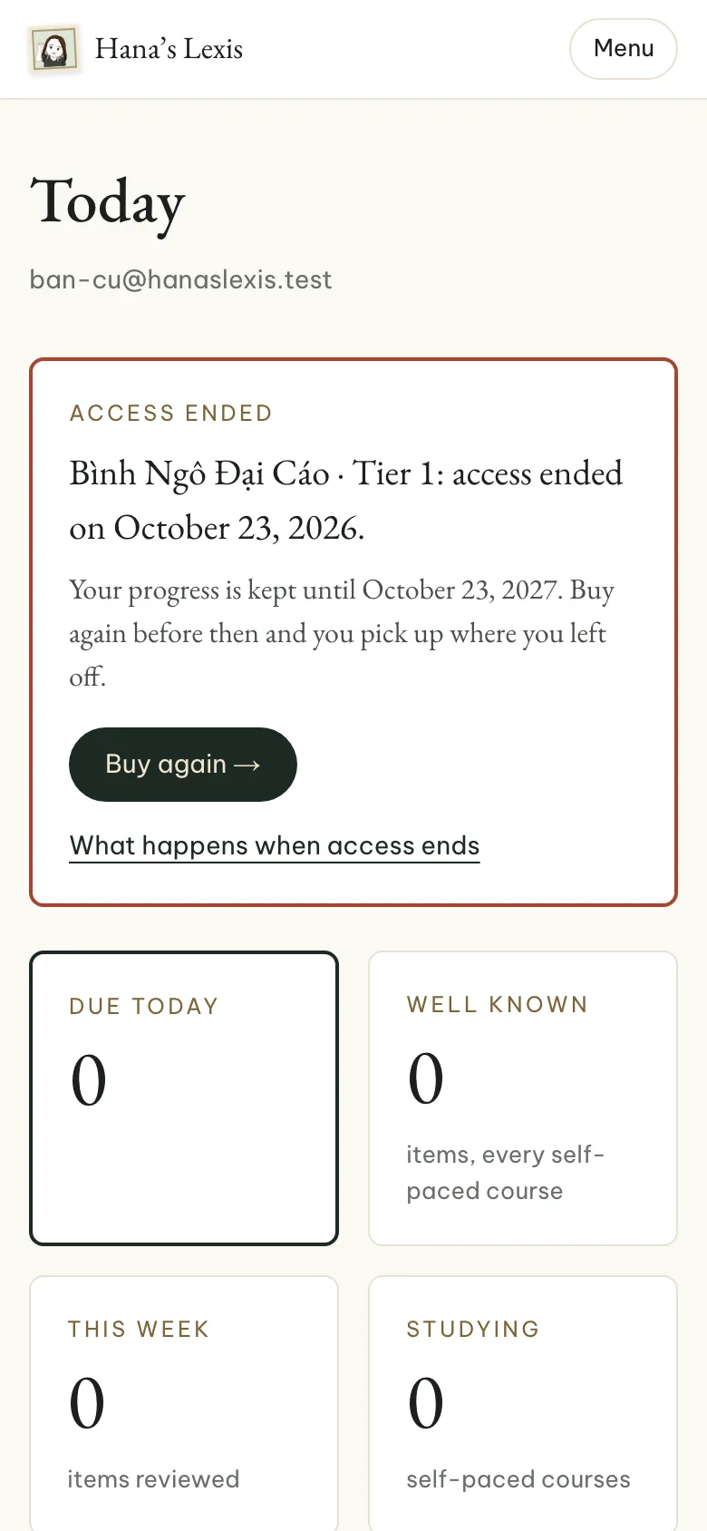 The Today page of an account whose access ended.