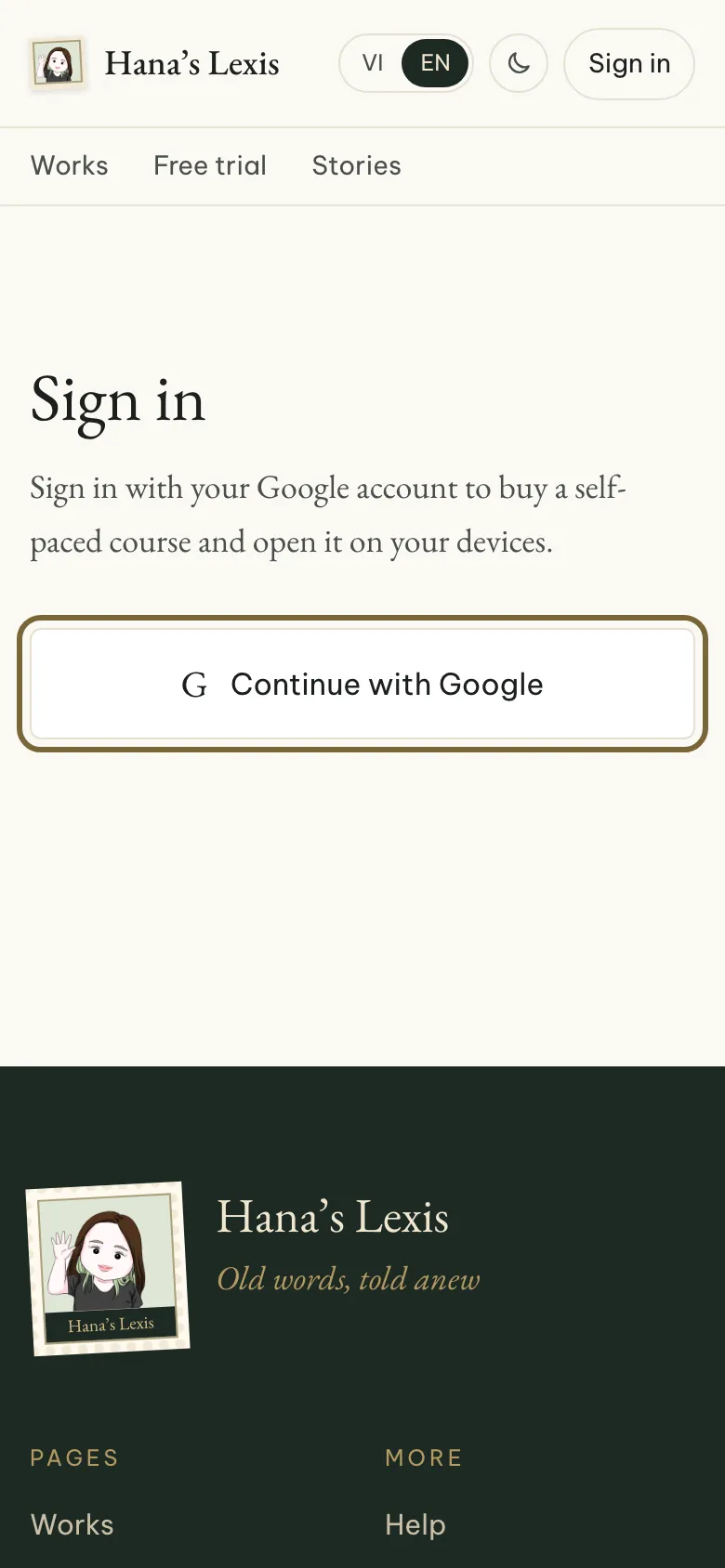 The sign-in page, with the Continue with Google button outlined.