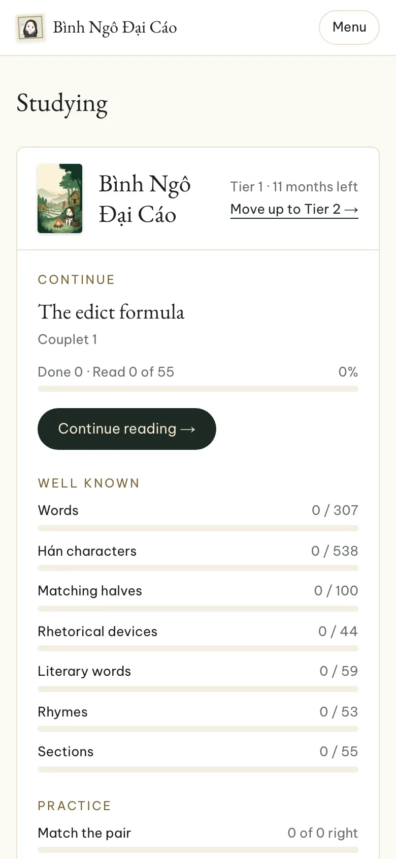 The Today page of an account that bought Tier 1, showing the Bình Ngô Đại Cáo course and its Continue reading button.