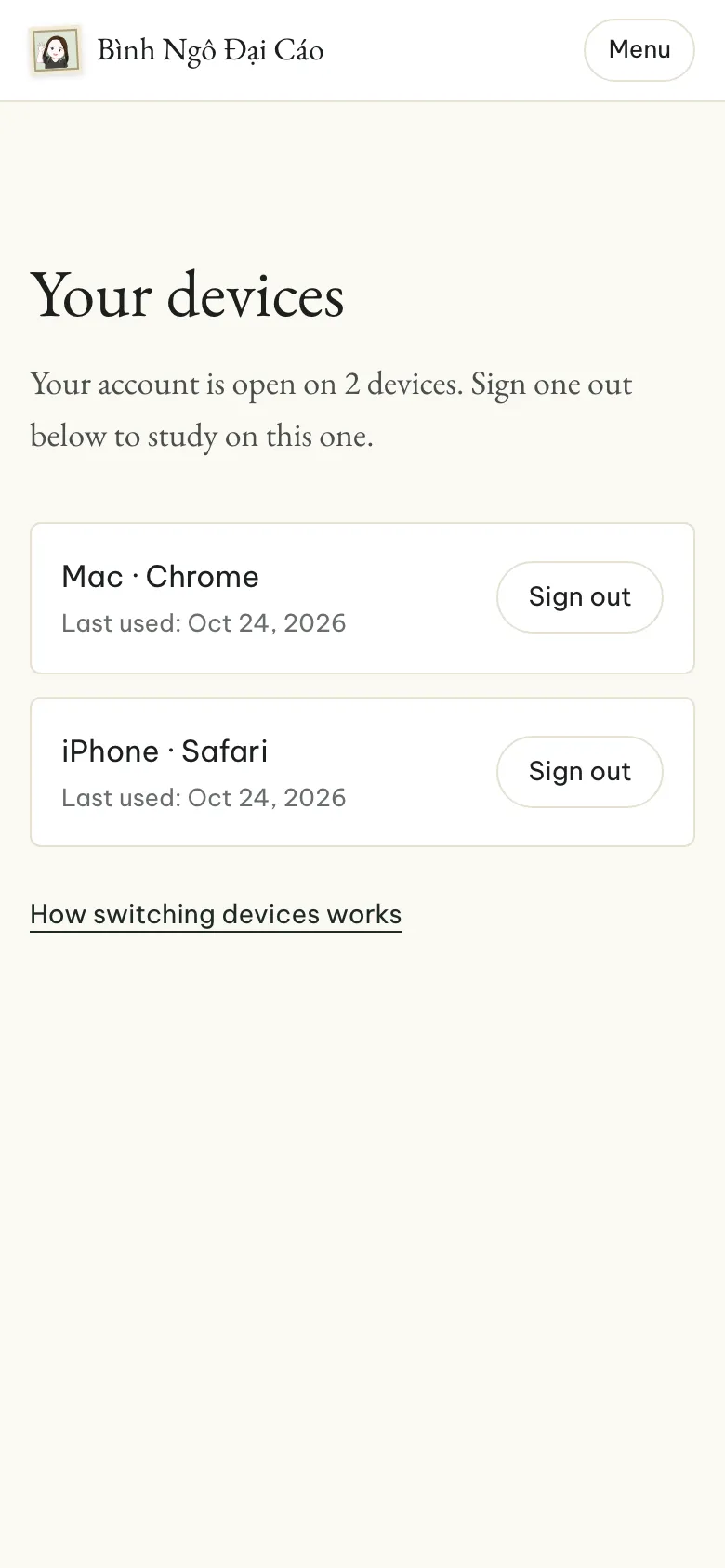 The Your devices page with two devices: an iPhone and a Mac.