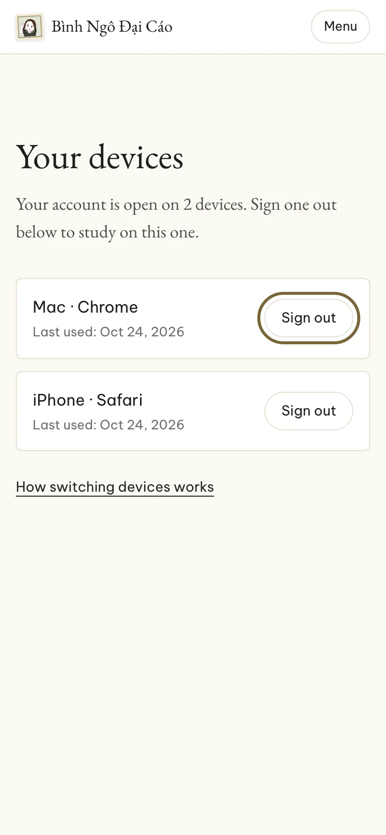 The Sign out button next to a device, outlined.