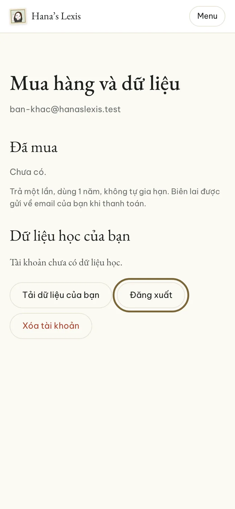 Trang Mua hàng và dữ liệu, nút Đăng xuất được viền màu.