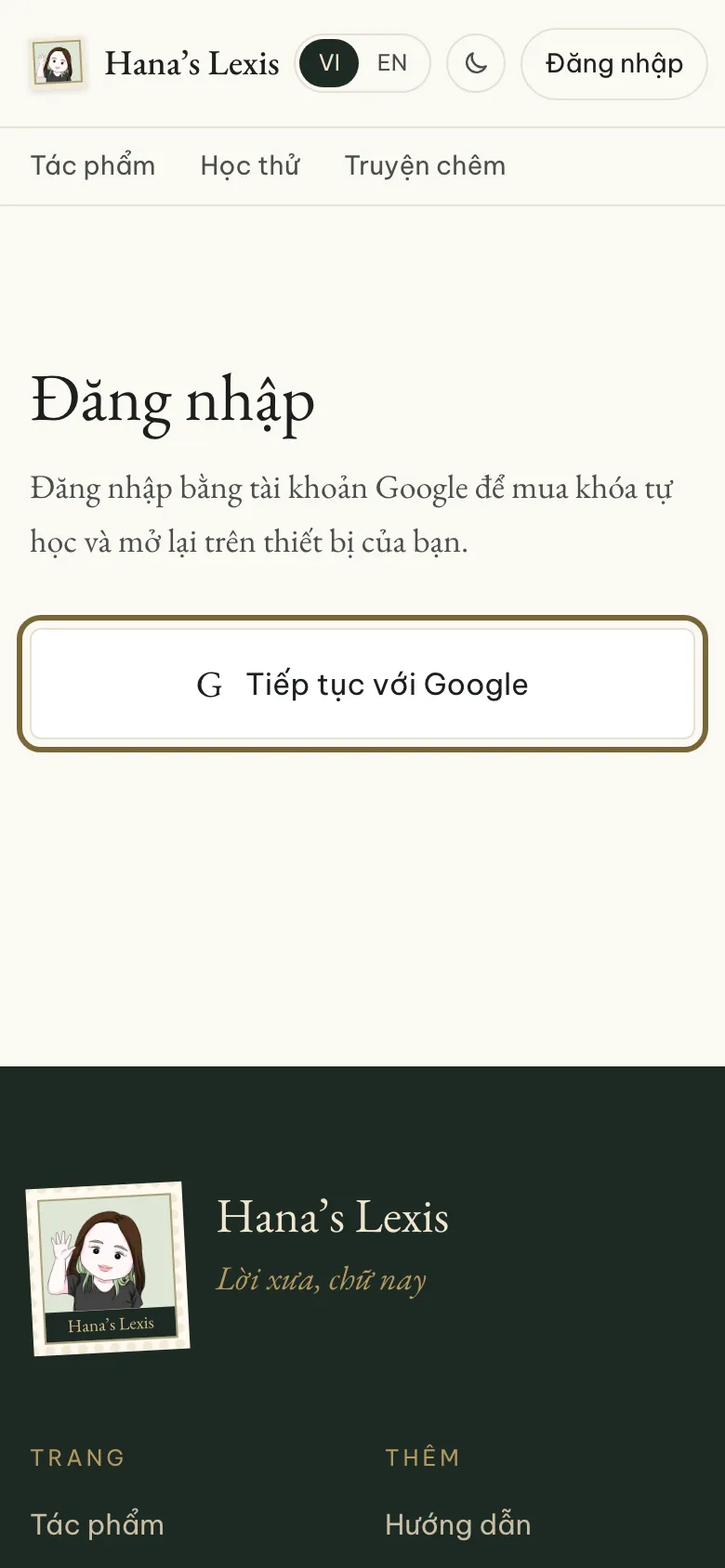 Trang đăng nhập, nút Tiếp tục với Google được viền màu.
