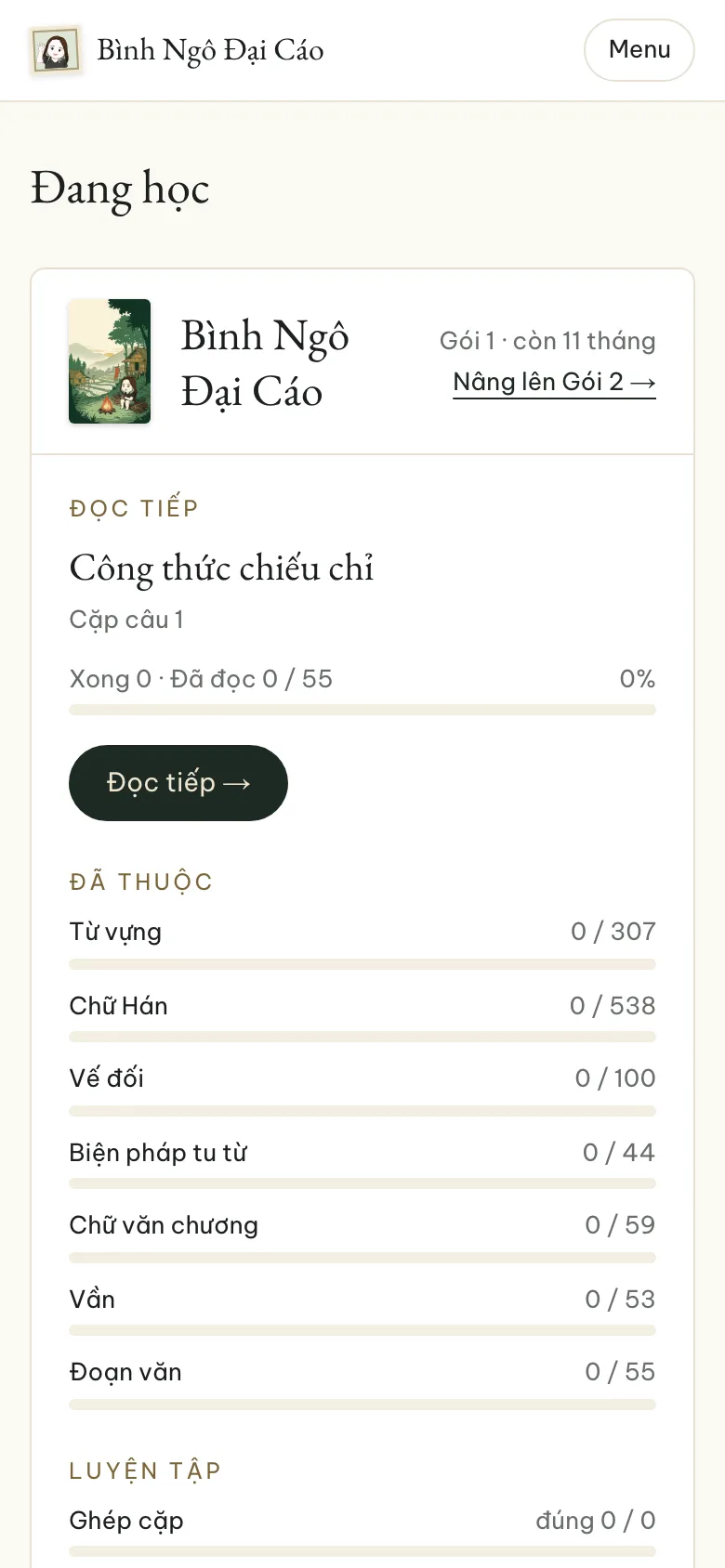 Trang Hôm nay của một tài khoản đã mua Gói 1, với khóa tự học Bình Ngô Đại Cáo và nút Đọc tiếp.